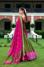 Lorenvalley Green and Pink Dola Silk Shibori Print With Zari Weaving Border Lehenga Choli
