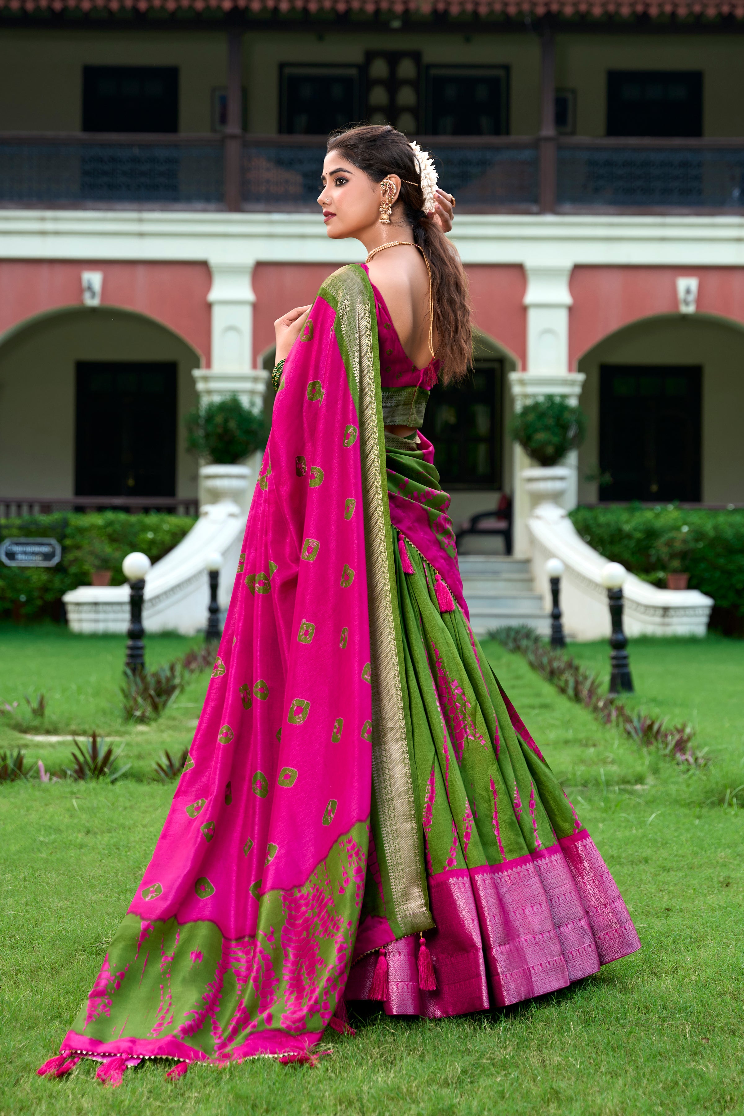 Lorenvalley Green and Pink Dola Silk Shibori Print With Zari Weaving Border Lehenga Choli