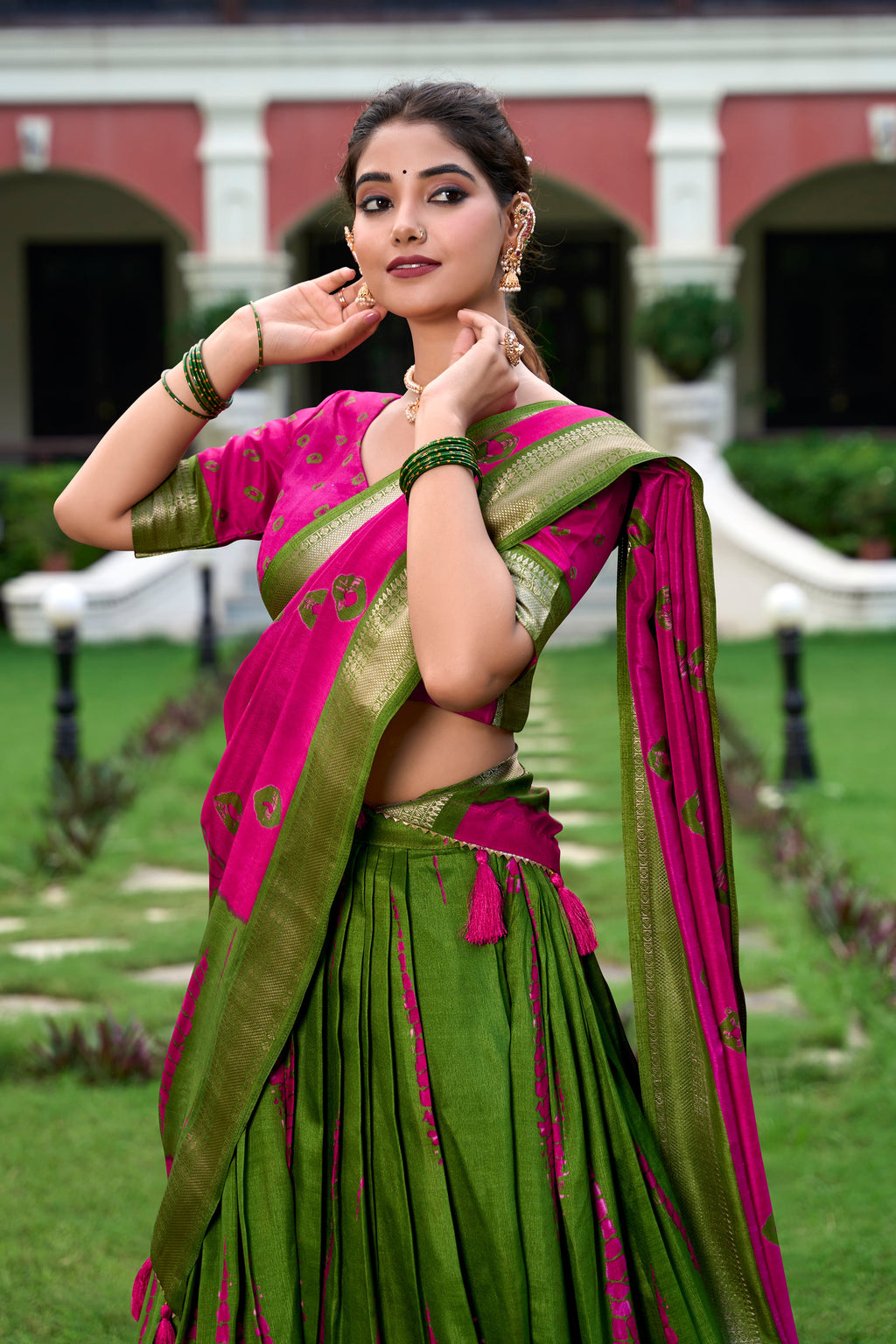 Lorenvalley Green and Pink Dola Silk Shibori Print With Zari Weaving Border Lehenga Choli