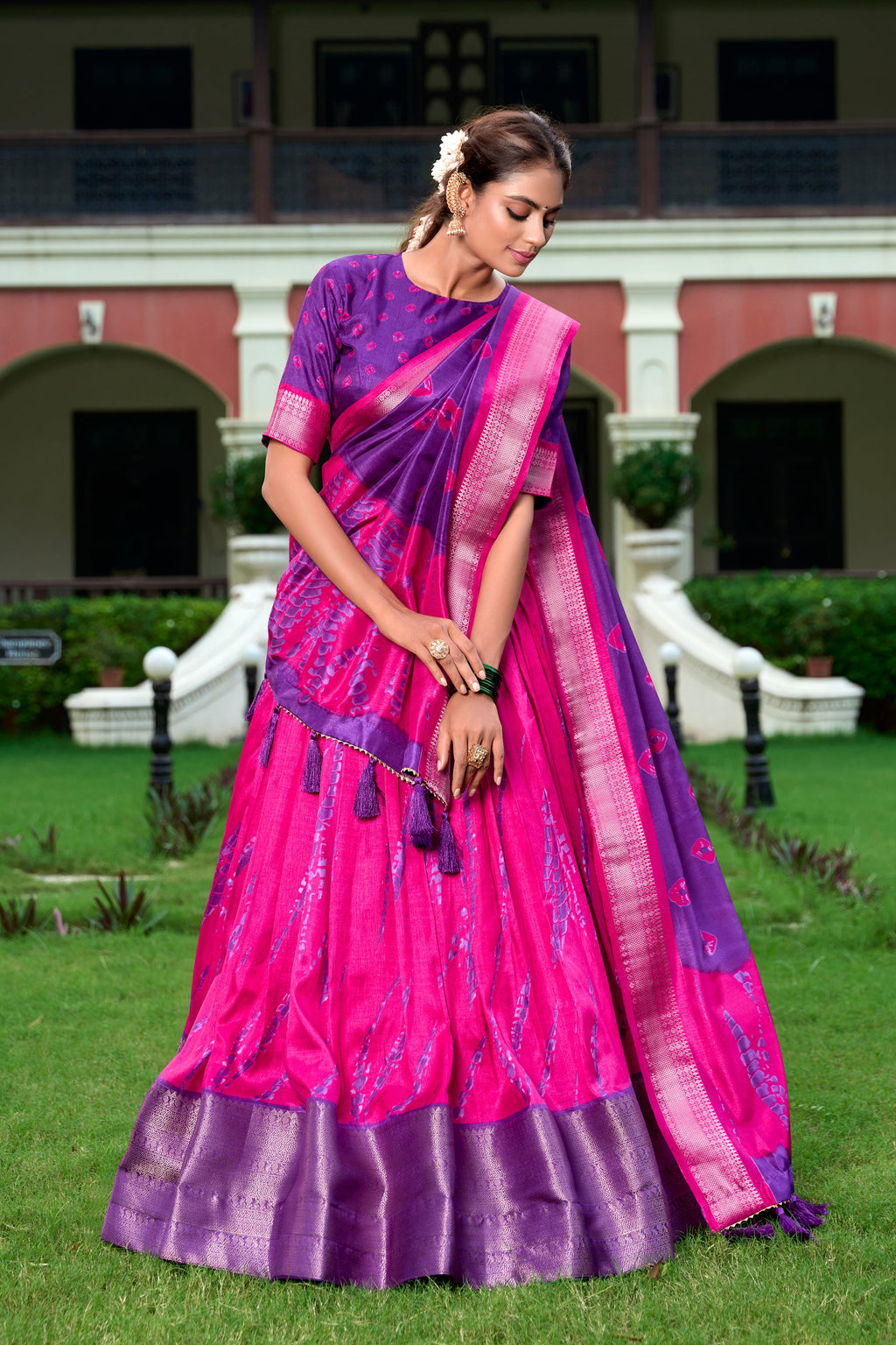 Lorenvalley Pink and Purple Dola Silk Shibori Print With Zari Weaving Border Lehenga Choli
