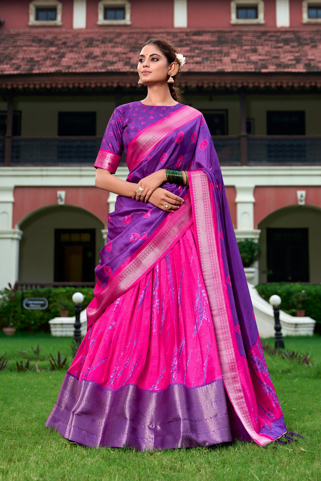 Lorenvalley Pink and Purple Dola Silk Shibori Print With Zari Weaving Border Lehenga Choli