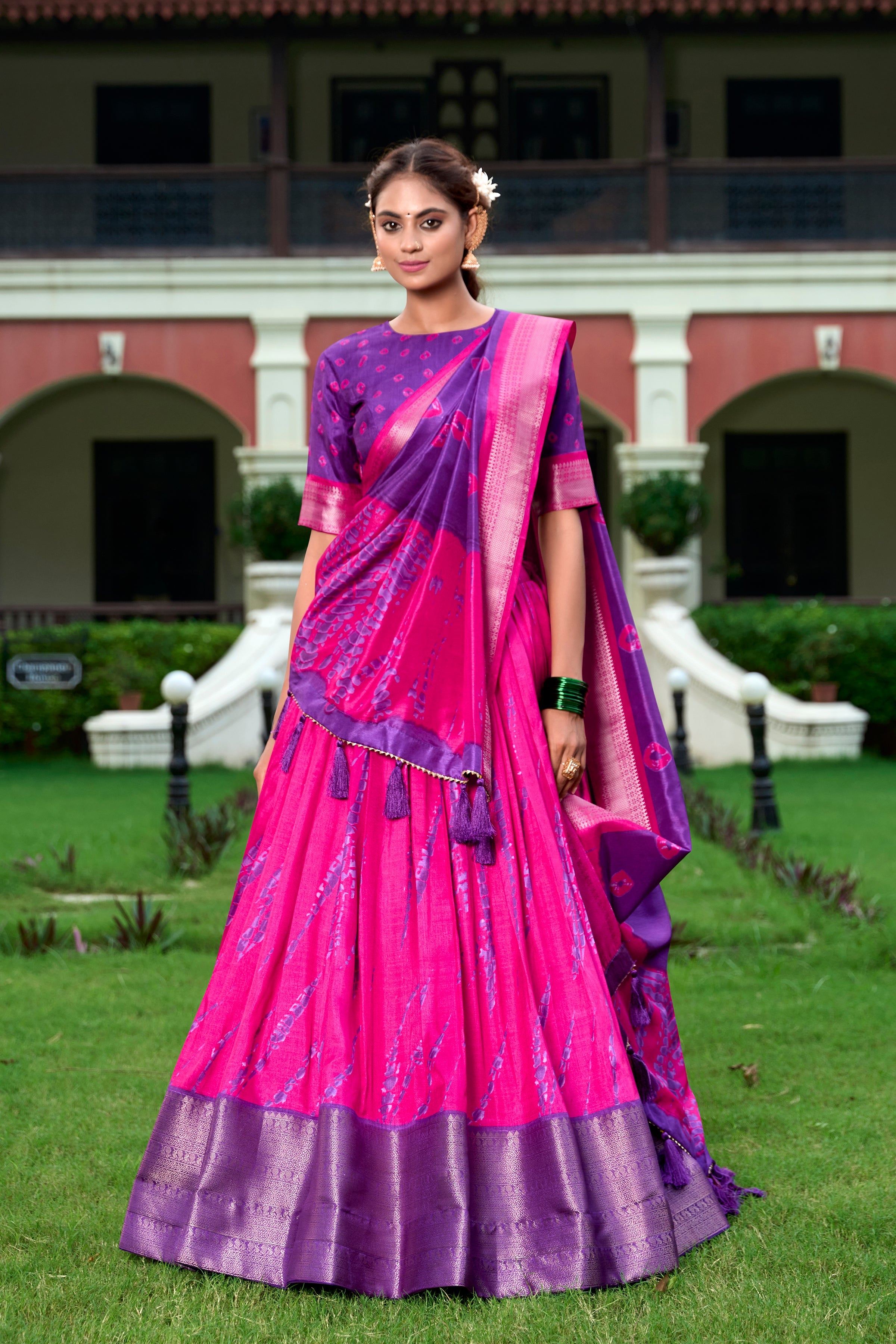 Lorenvalley Pink and Purple Dola Silk Shibori Print With Zari Weaving Border Lehenga Choli