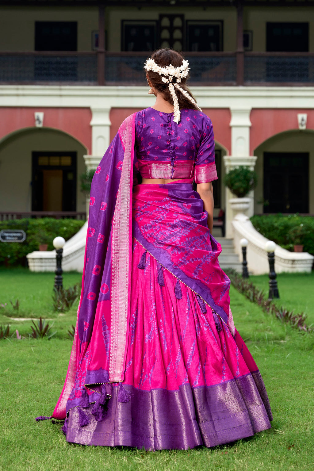 Lorenvalley Pink and Purple Dola Silk Shibori Print With Zari Weaving Border Lehenga Choli