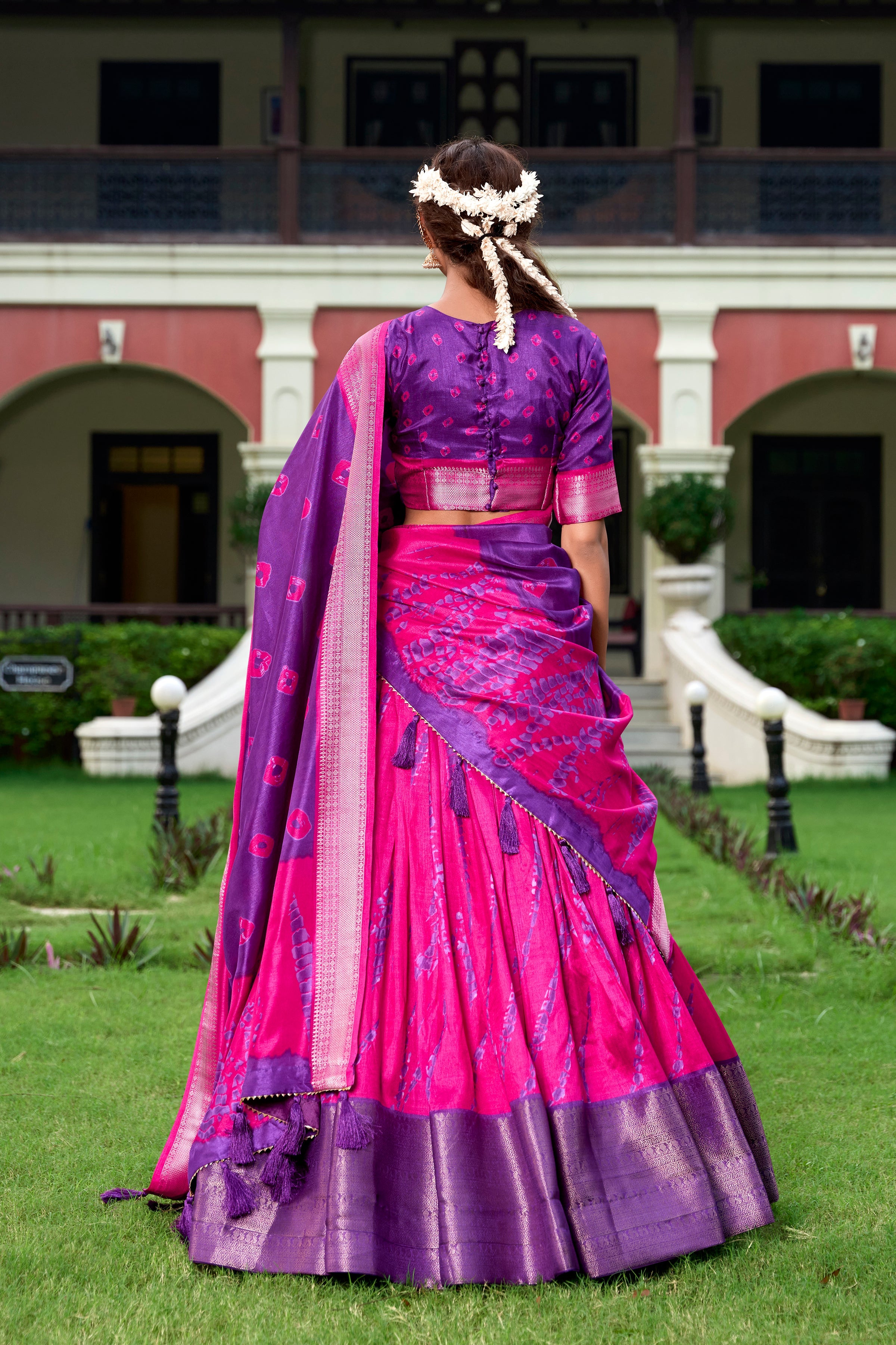 Lorenvalley Pink and Purple Dola Silk Shibori Print With Zari Weaving Border Lehenga Choli