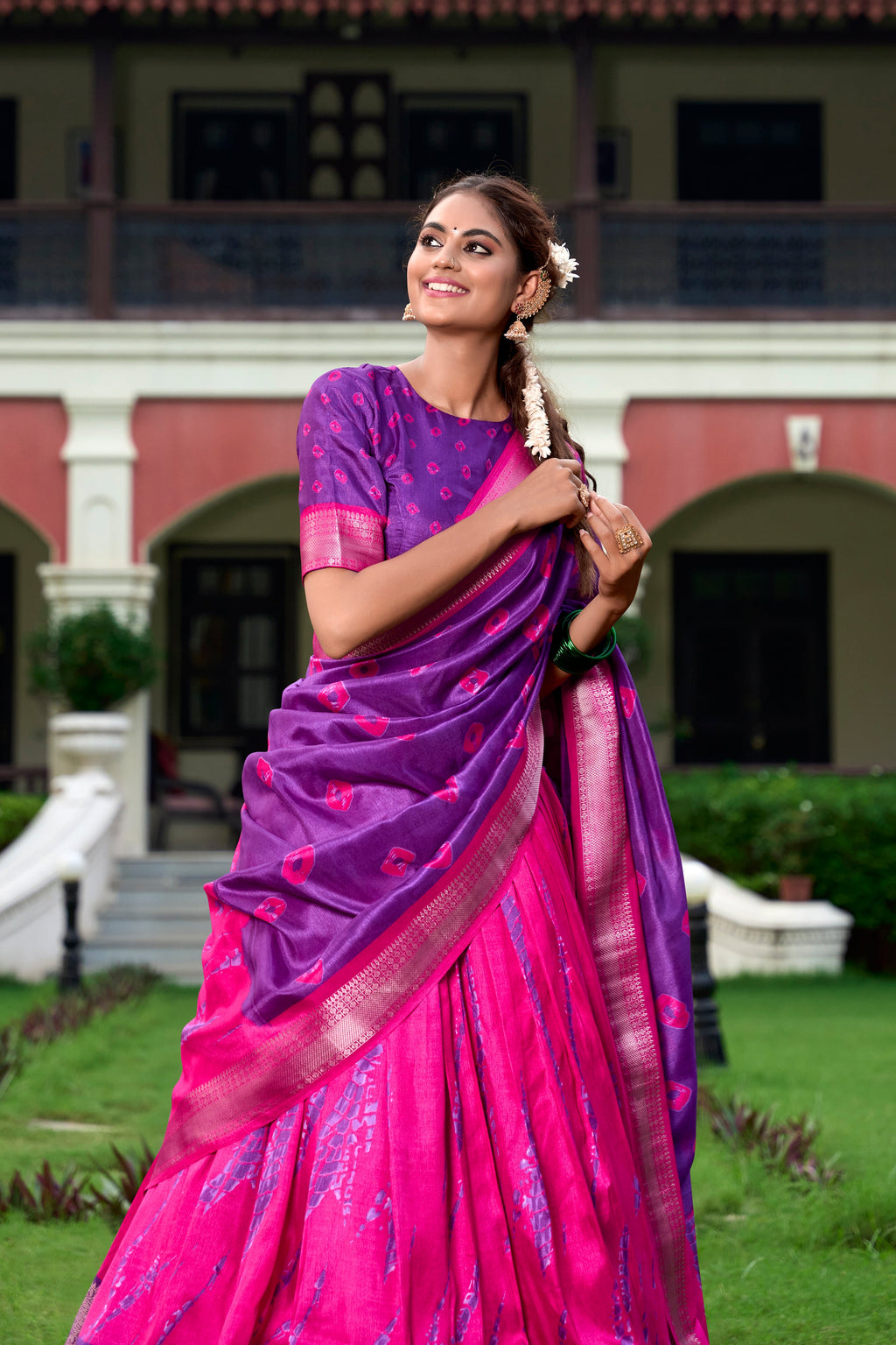 Lorenvalley Pink and Purple Dola Silk Shibori Print With Zari Weaving Border Lehenga Choli