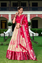 Lorenvalley Cream and Red Dola Silk Shibori Print With Zari Weaving Border Lehenga Choli
