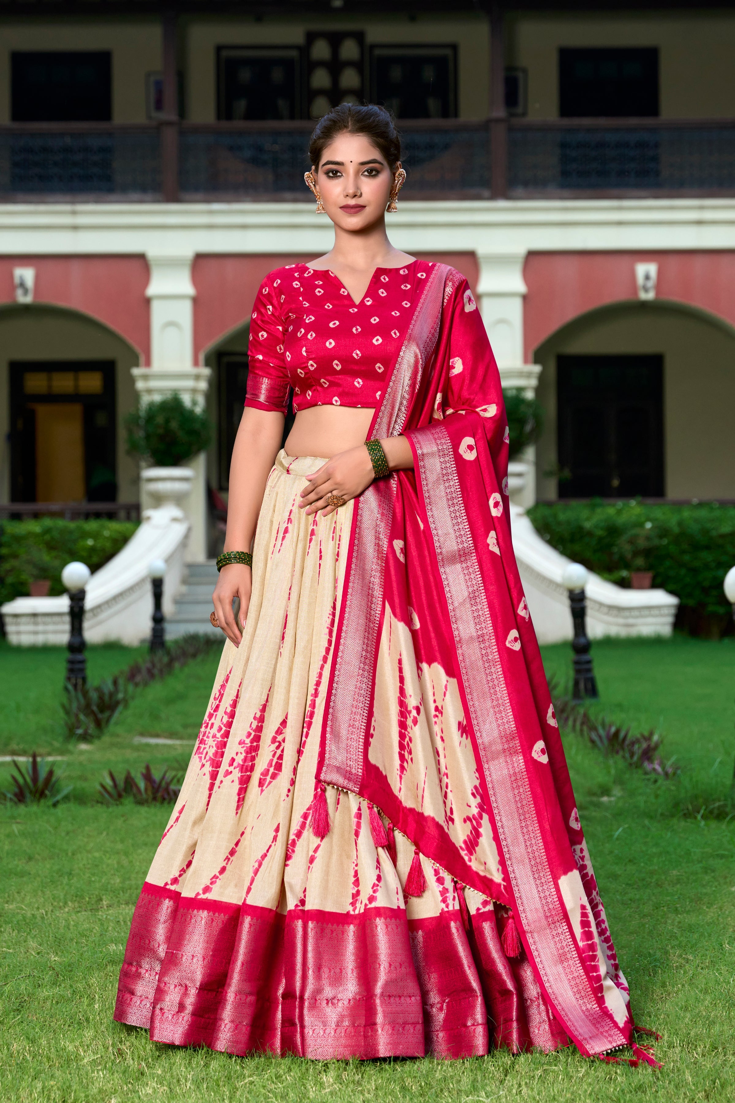 Lorenvalley Cream and Red Dola Silk Shibori Print With Zari Weaving Border Lehenga Choli