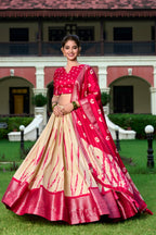 Lorenvalley Cream and Red Dola Silk Shibori Print With Zari Weaving Border Lehenga Choli