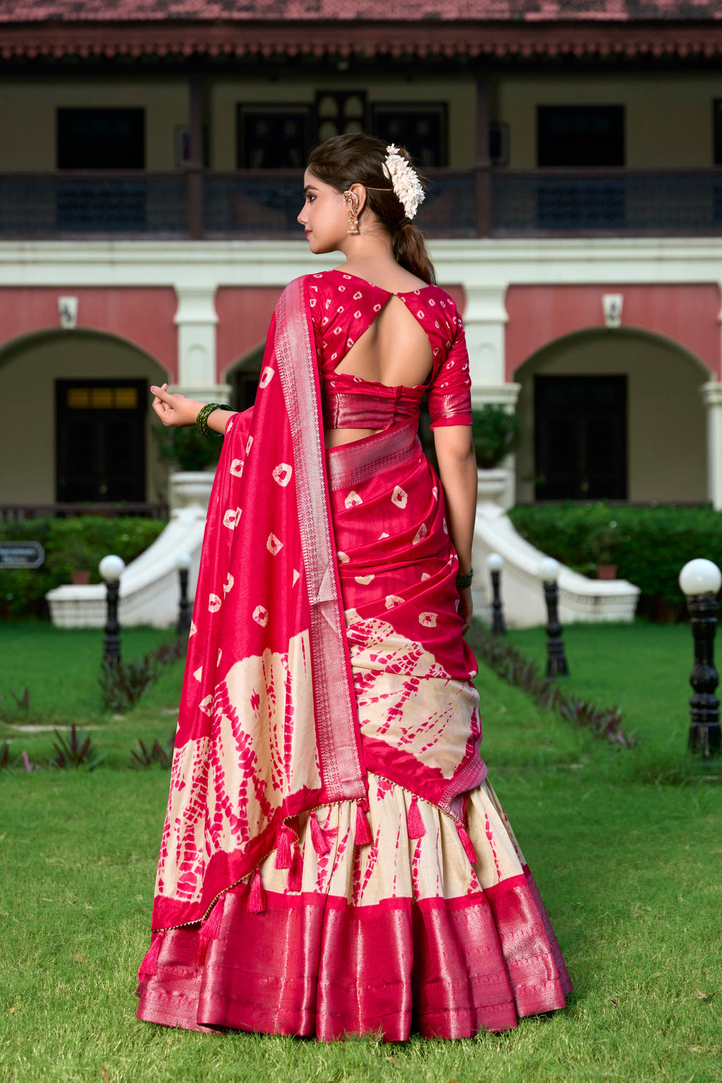 Lorenvalley Cream and Red Dola Silk Shibori Print With Zari Weaving Border Lehenga Choli
