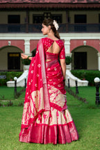 Lorenvalley Cream and Red Dola Silk Shibori Print With Zari Weaving Border Lehenga Choli
