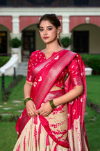 Lorenvalley Cream and Red Dola Silk Shibori Print With Zari Weaving Border Lehenga Choli
