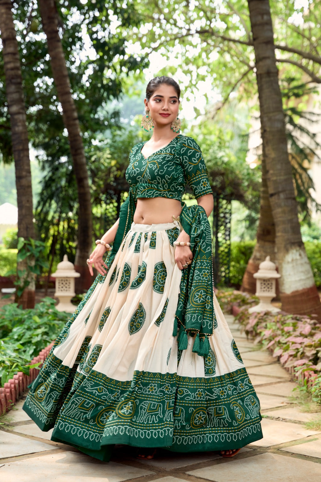 Lorenvalley Green Artistry in Tussar Silk with Bandhej Print Lehenga Choli