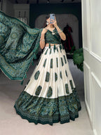 Lorenvalley Green Artistry in Tussar Silk with Bandhej Print Lehenga Choli