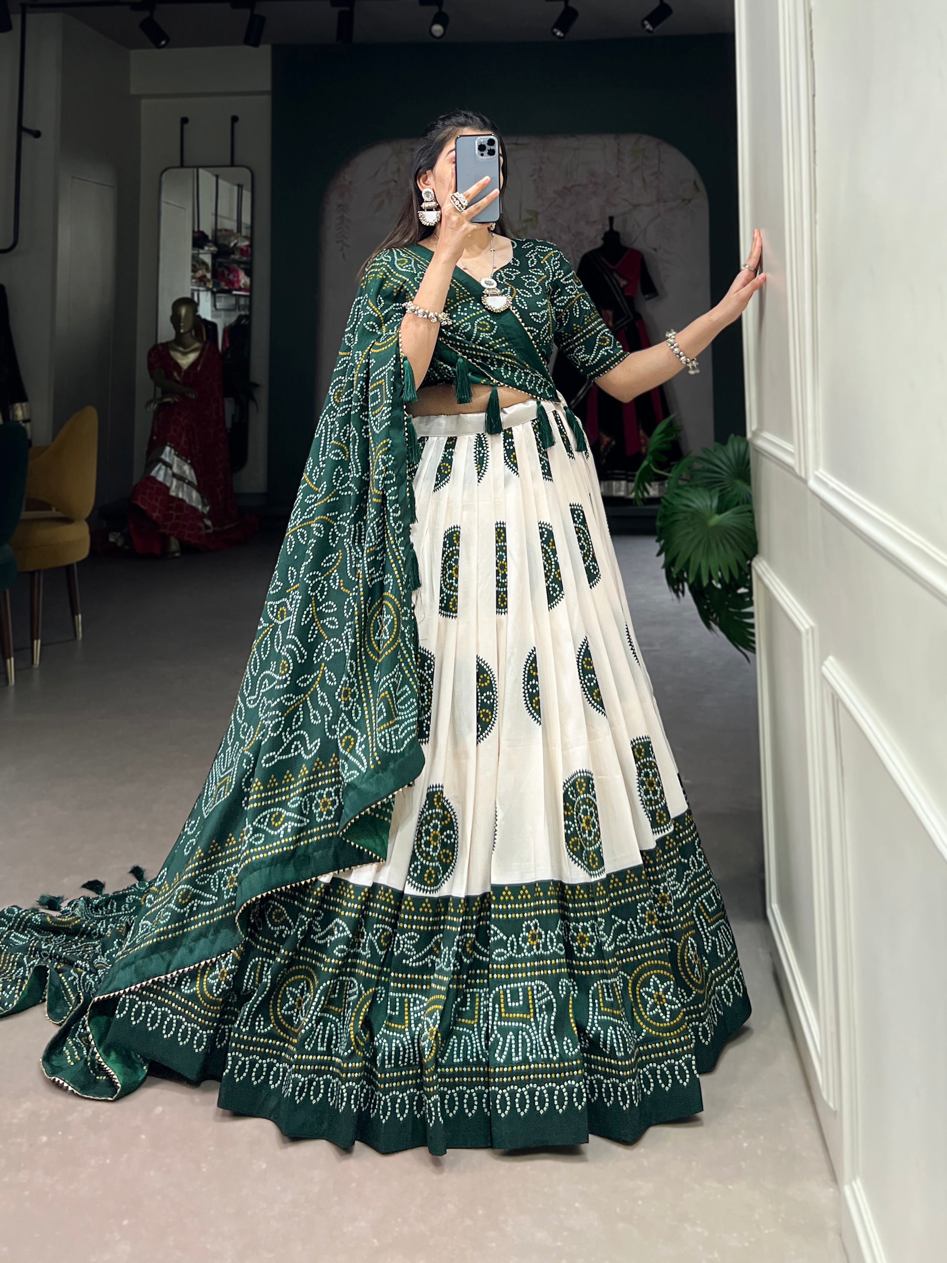 Lorenvalley Green Artistry in Tussar Silk with Bandhej Print Lehenga Choli