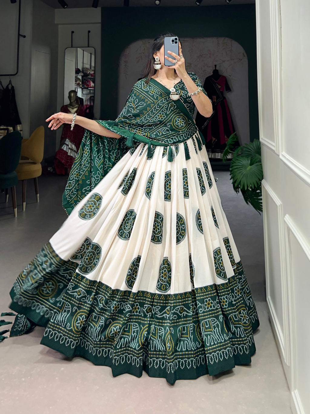 Lorenvalley Green Artistry in Tussar Silk with Bandhej Print Lehenga Choli
