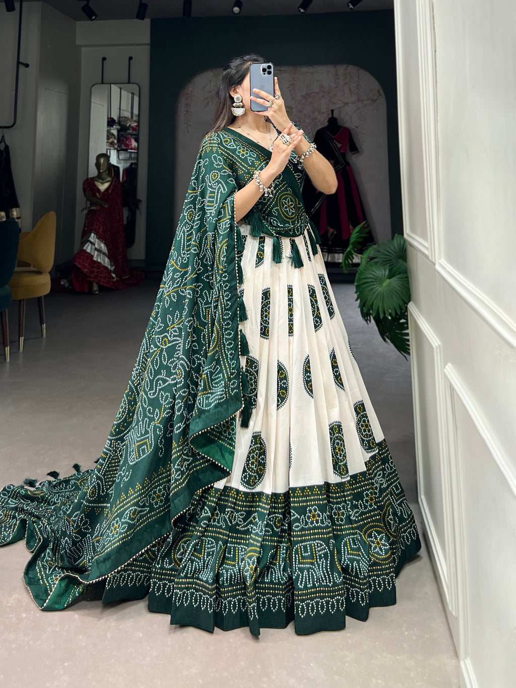 Lorenvalley Green Artistry in Tussar Silk with Bandhej Print Lehenga Choli