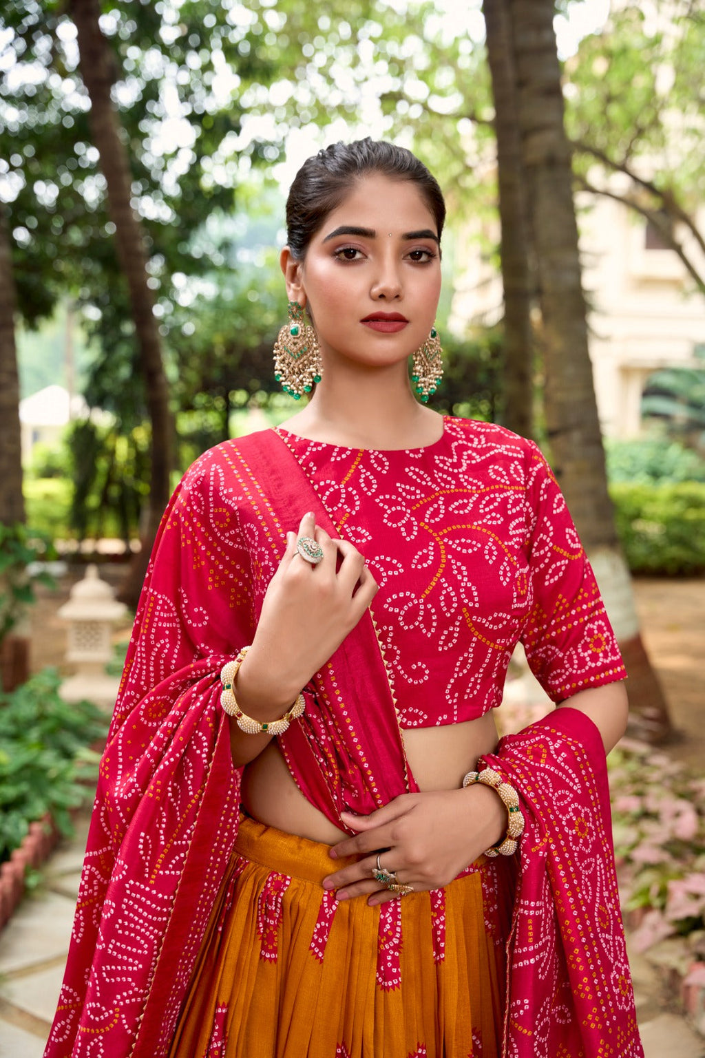 Lorenvalley Mustard Artistry in Tussar Silk with Bandhej Print Lehenga Choli