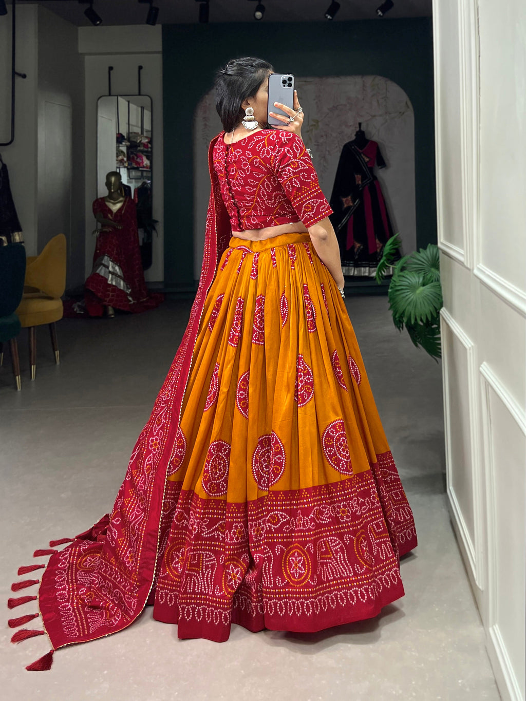 Lorenvalley Mustard Artistry in Tussar Silk with Bandhej Print Lehenga Choli