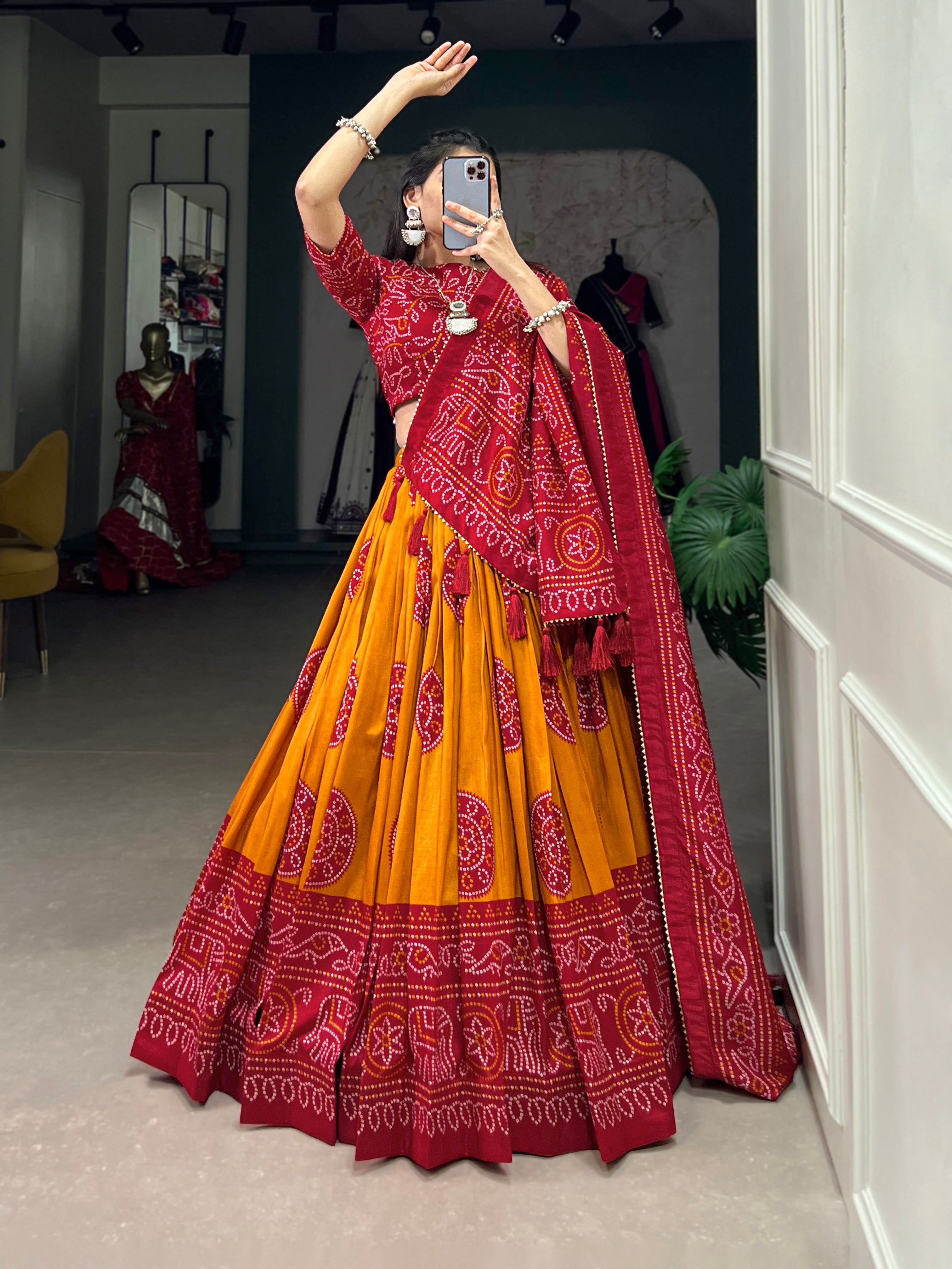 Lorenvalley Mustard Artistry in Tussar Silk with Bandhej Print Lehenga Choli