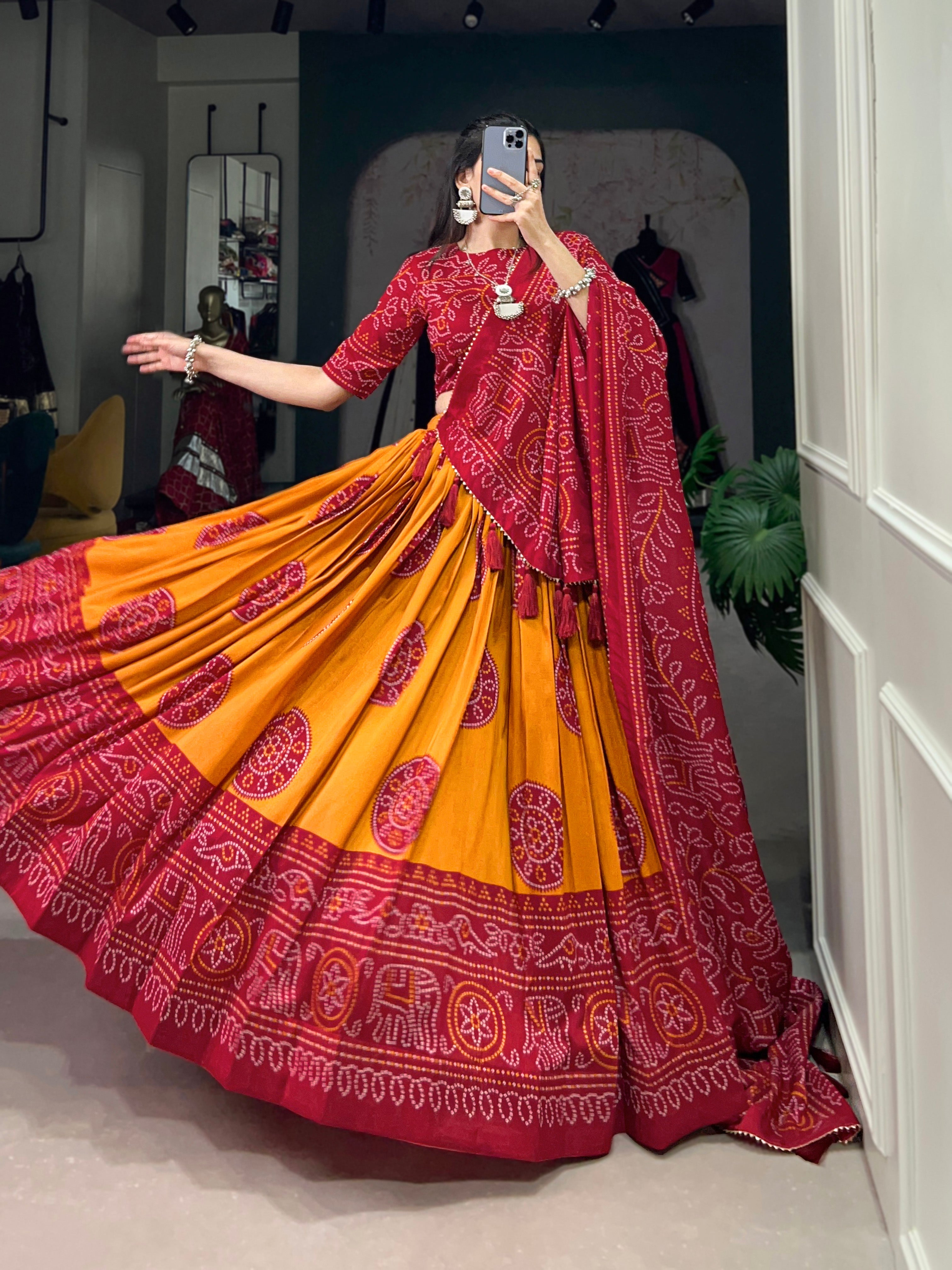 Lorenvalley Mustard Artistry in Tussar Silk with Bandhej Print Lehenga Choli