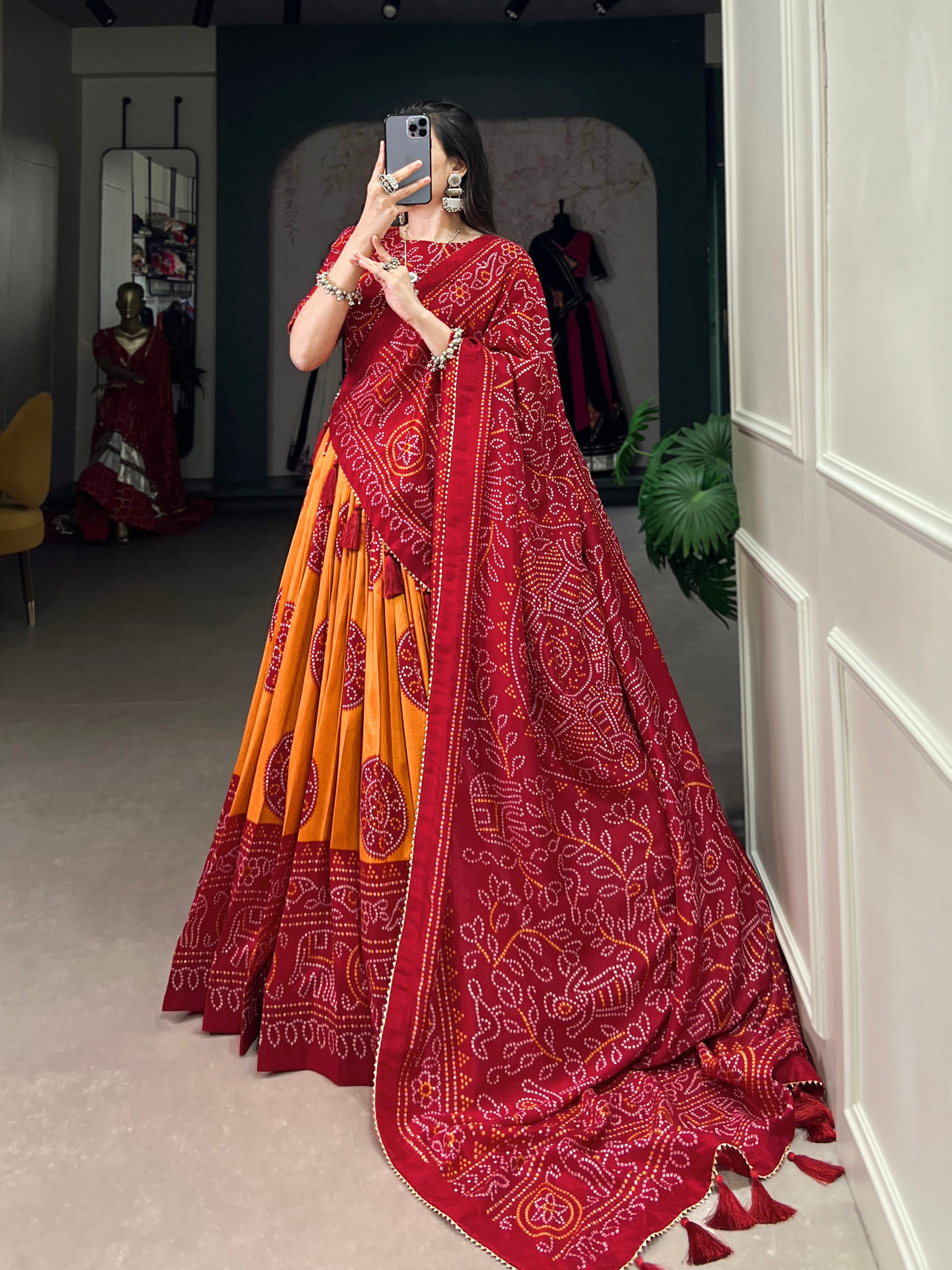 Lorenvalley Mustard Artistry in Tussar Silk with Bandhej Print Lehenga Choli