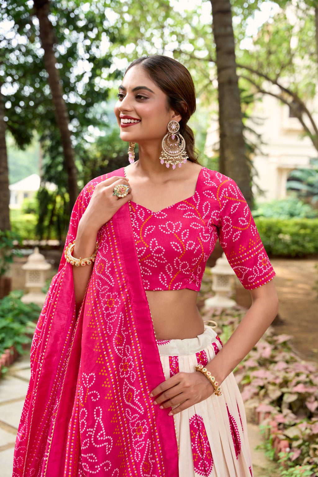 Lorenvalley Pink Artistry in Tussar Silk with Bandhej Print Lehenga Choli