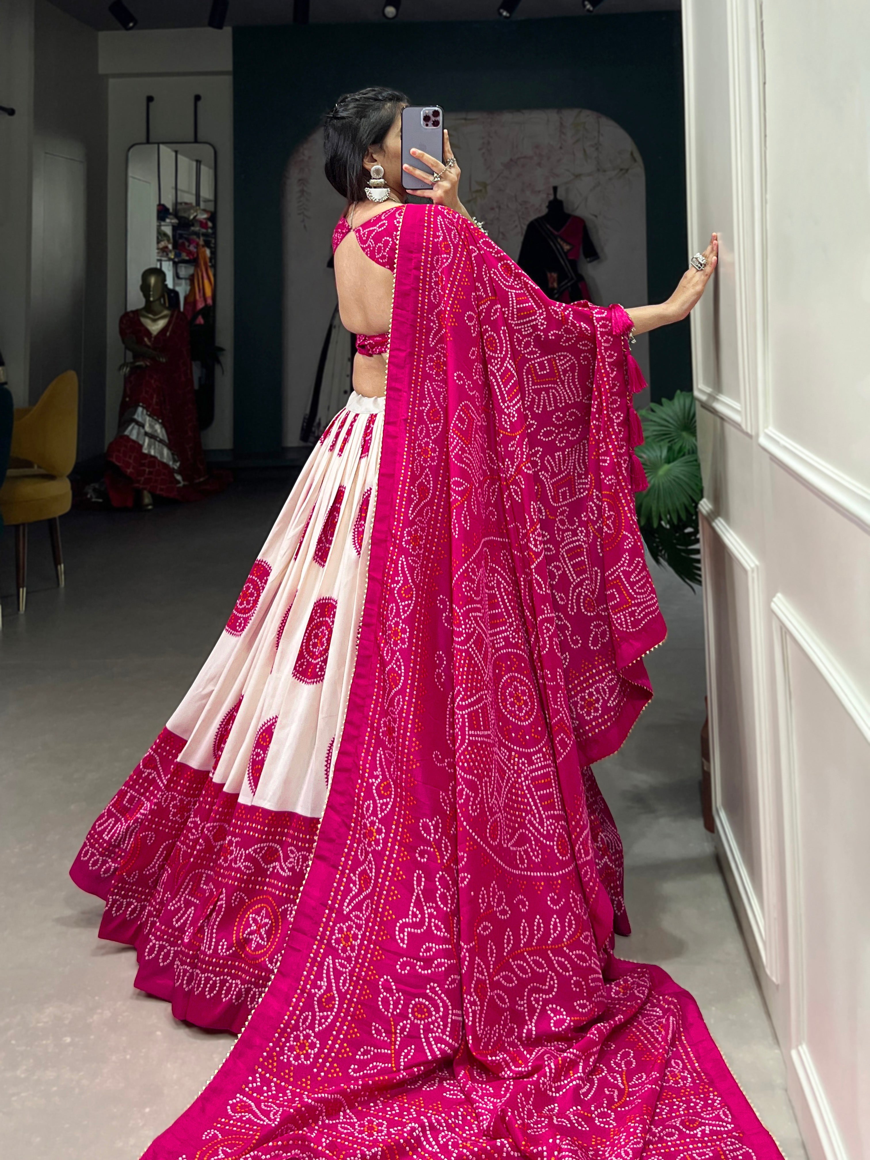 Lorenvalley Pink Artistry in Tussar Silk with Bandhej Print Lehenga Choli