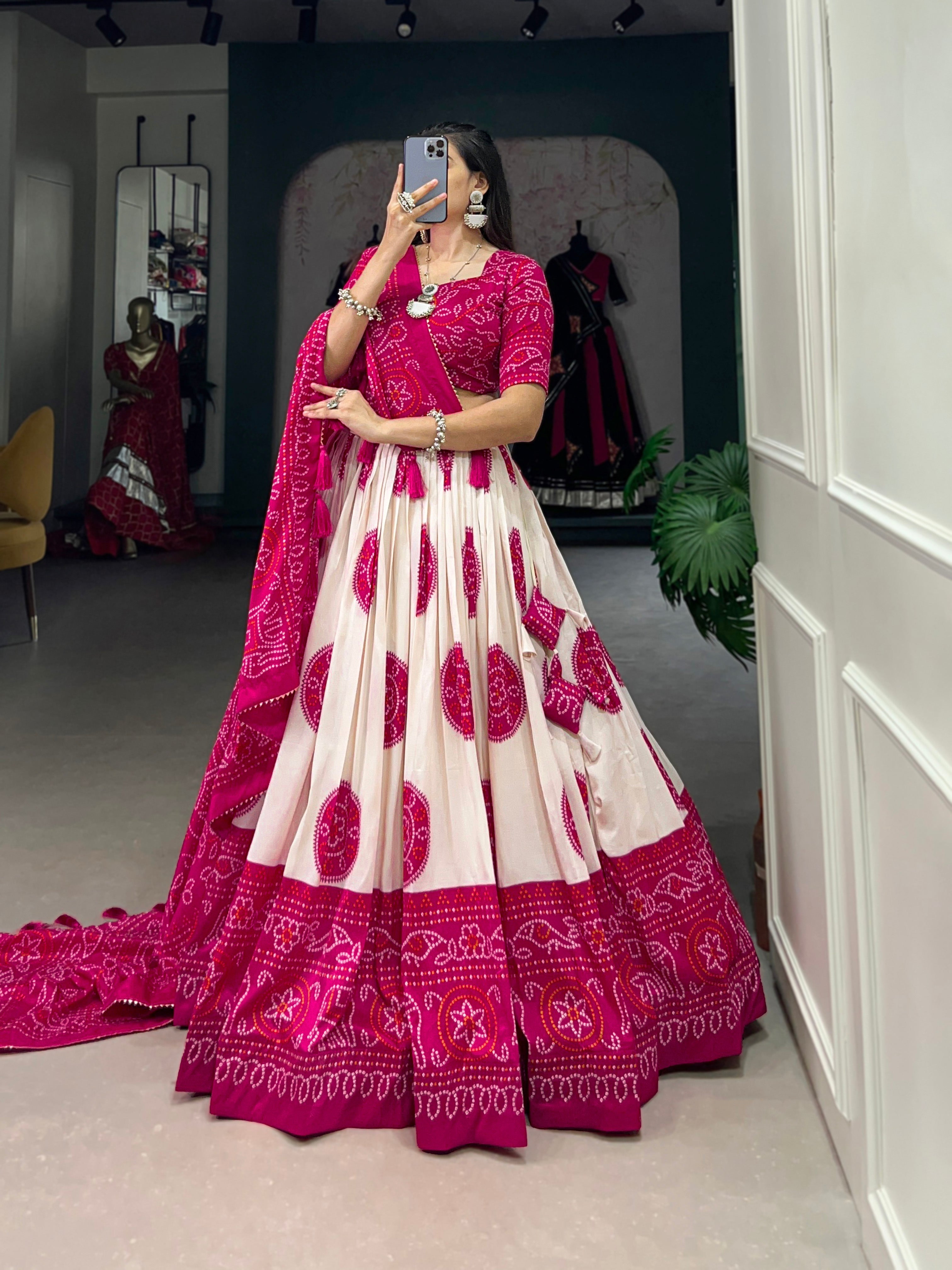 Lorenvalley Pink Artistry in Tussar Silk with Bandhej Print Lehenga Choli