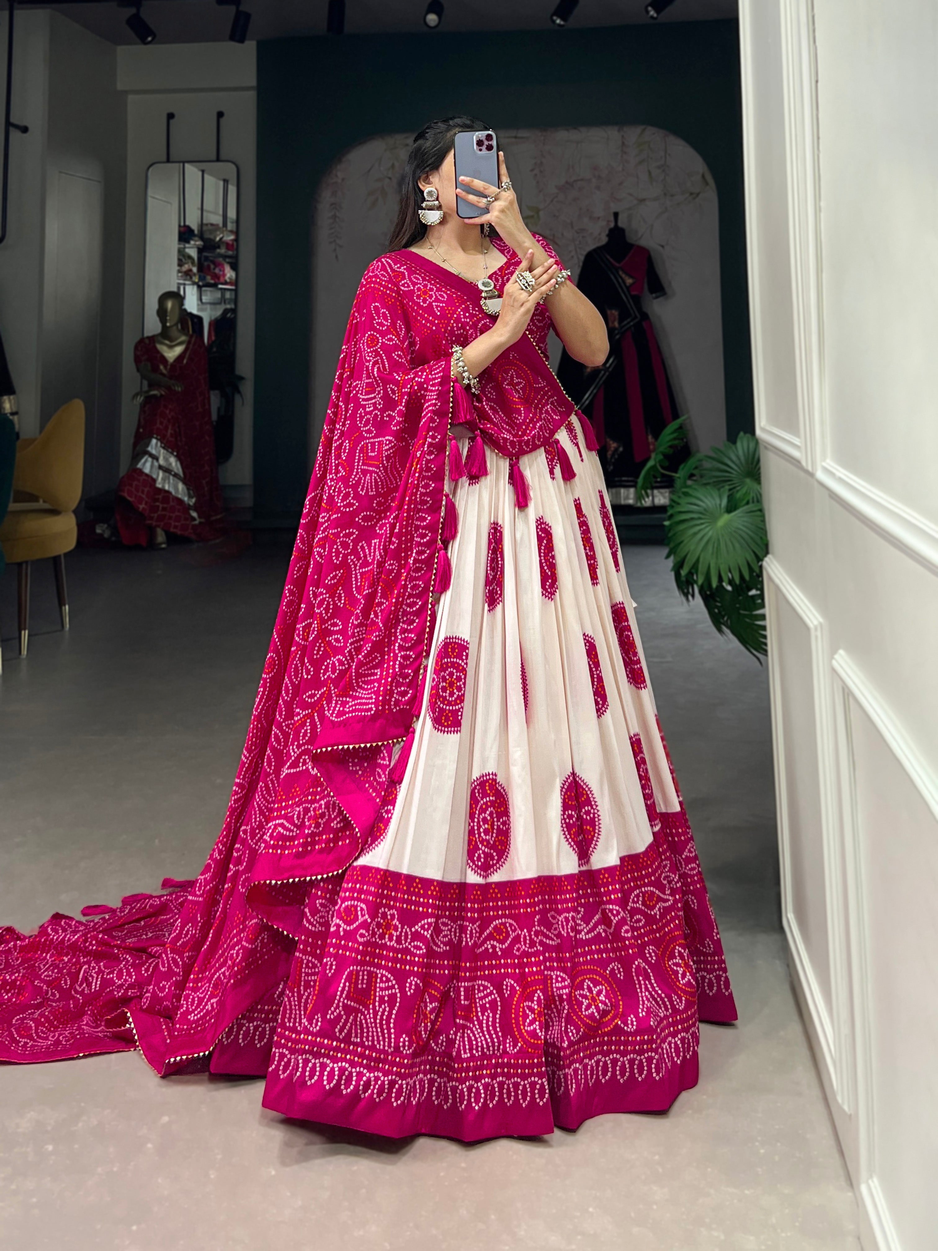 Lorenvalley Pink Artistry in Tussar Silk with Bandhej Print Lehenga Choli