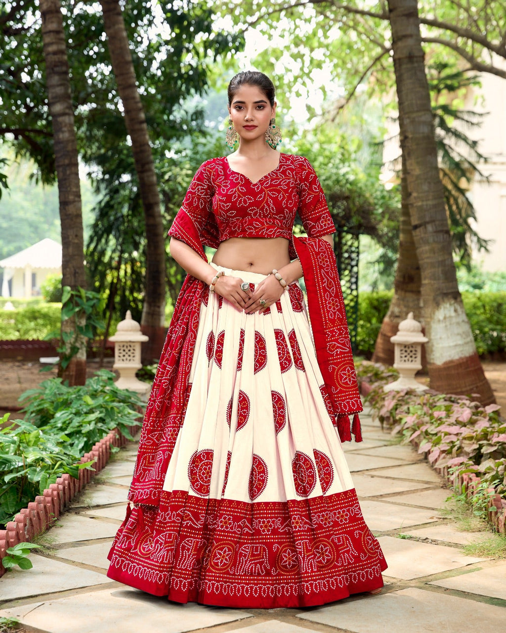 Lorenvalley Red Artistry in Tussar Silk with Bandhej Print Lehenga Choli