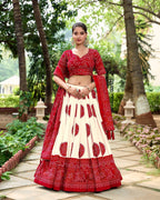 Lorenvalley Red Artistry in Tussar Silk with Bandhej Print Lehenga Choli