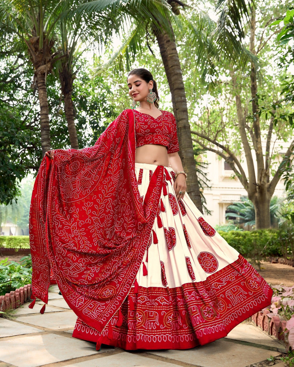 Lorenvalley Red Artistry in Tussar Silk with Bandhej Print Lehenga Choli