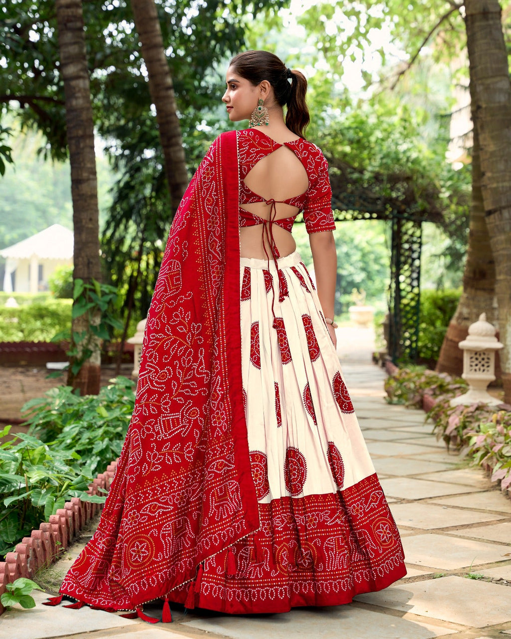 Lorenvalley Red Artistry in Tussar Silk with Bandhej Print Lehenga Choli