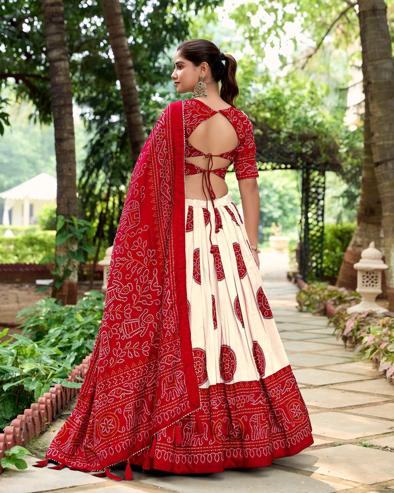 Lorenvalley Red Artistry in Tussar Silk with Bandhej Print Lehenga Choli
