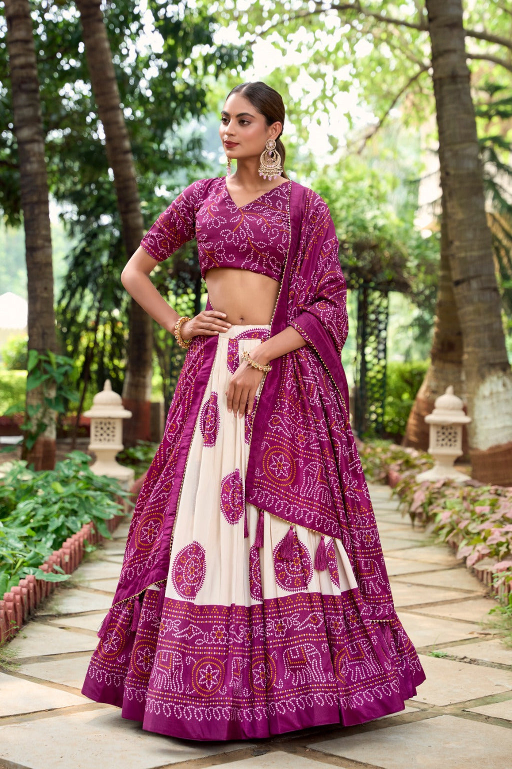 Lorenvalley Wine Artistry in Tussar Silk with Bandhej Print Lehenga Choli