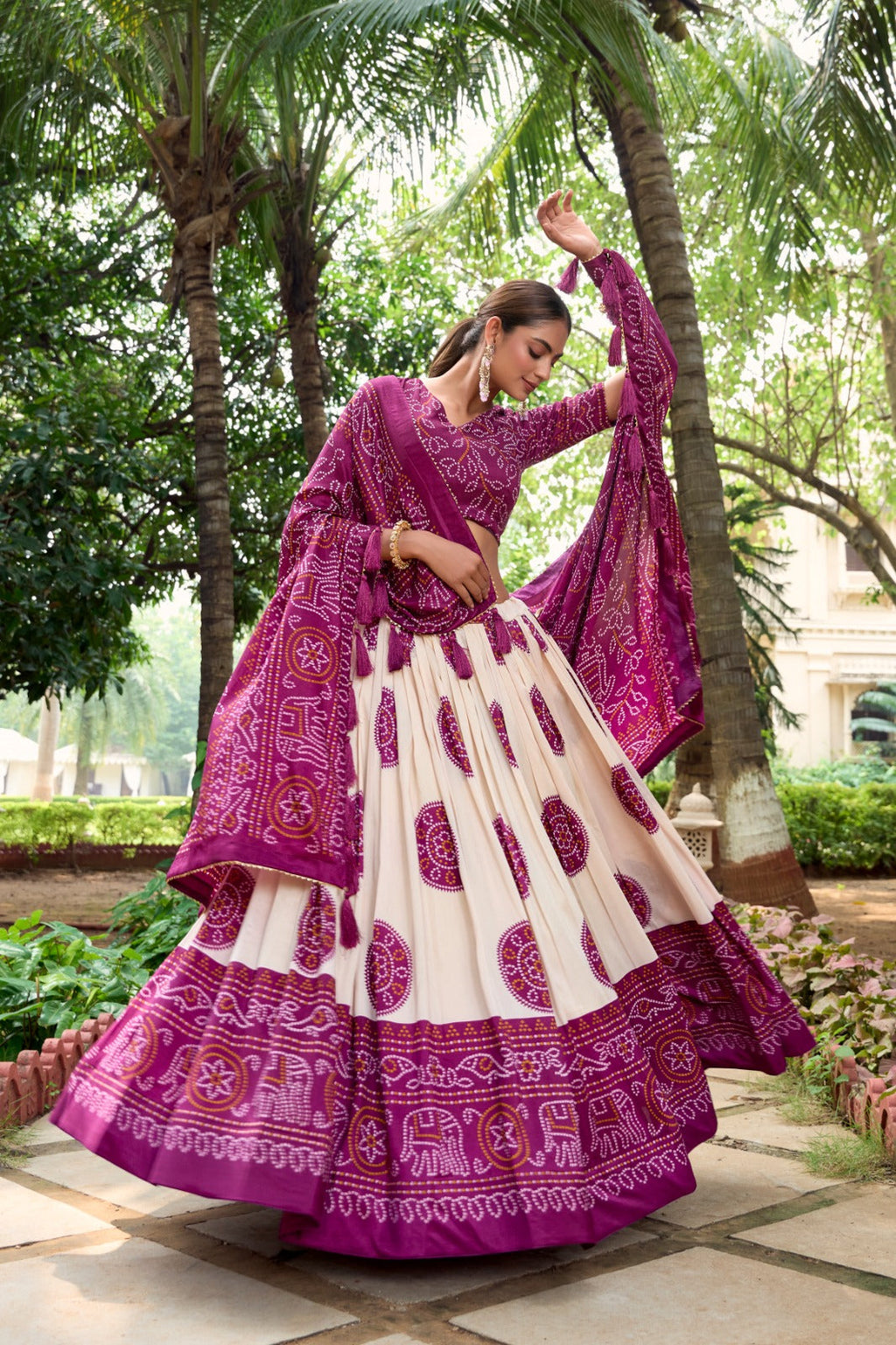 Lorenvalley Wine Artistry in Tussar Silk with Bandhej Print Lehenga Choli