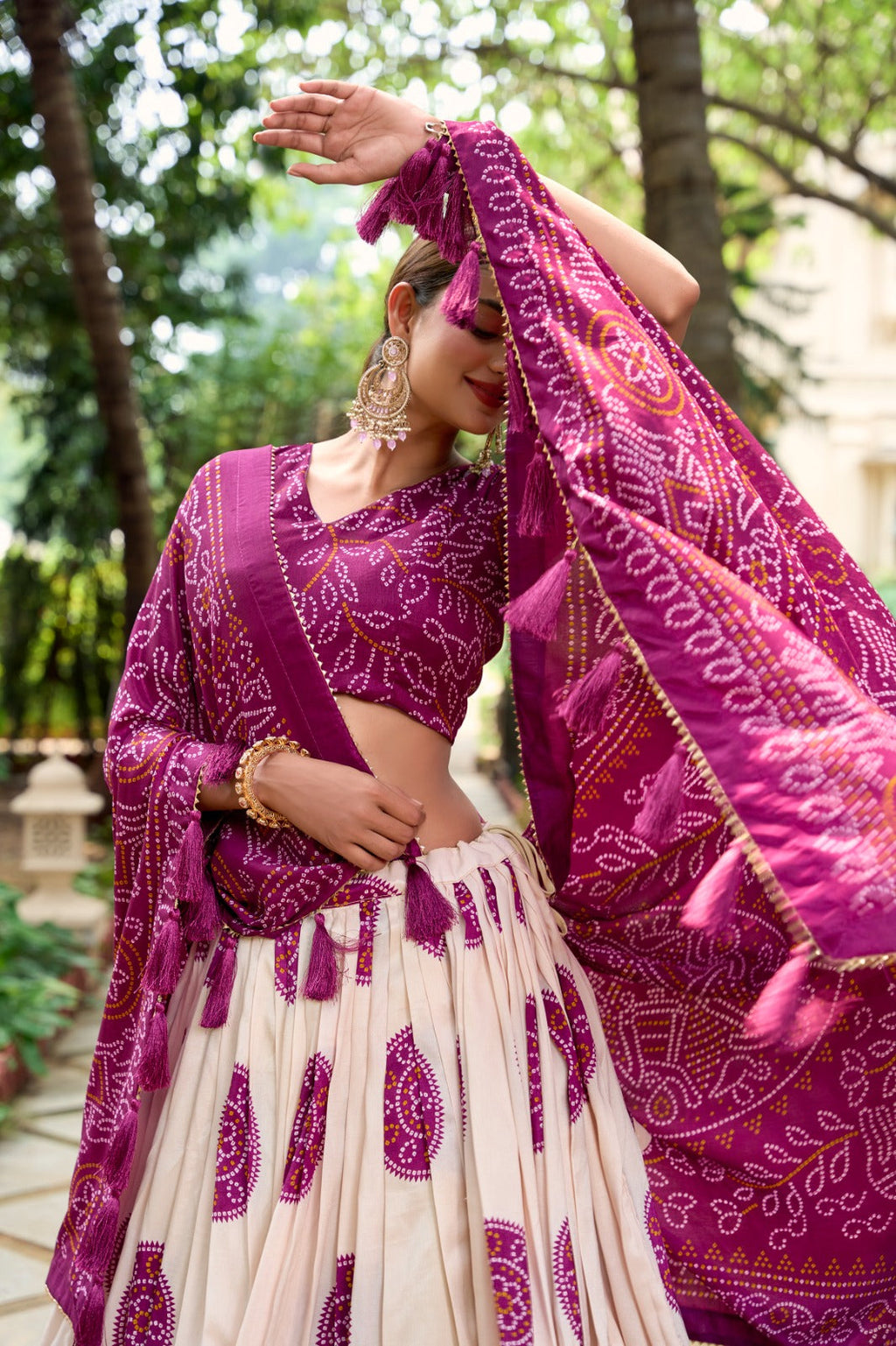 Lorenvalley Wine Artistry in Tussar Silk with Bandhej Print Lehenga Choli