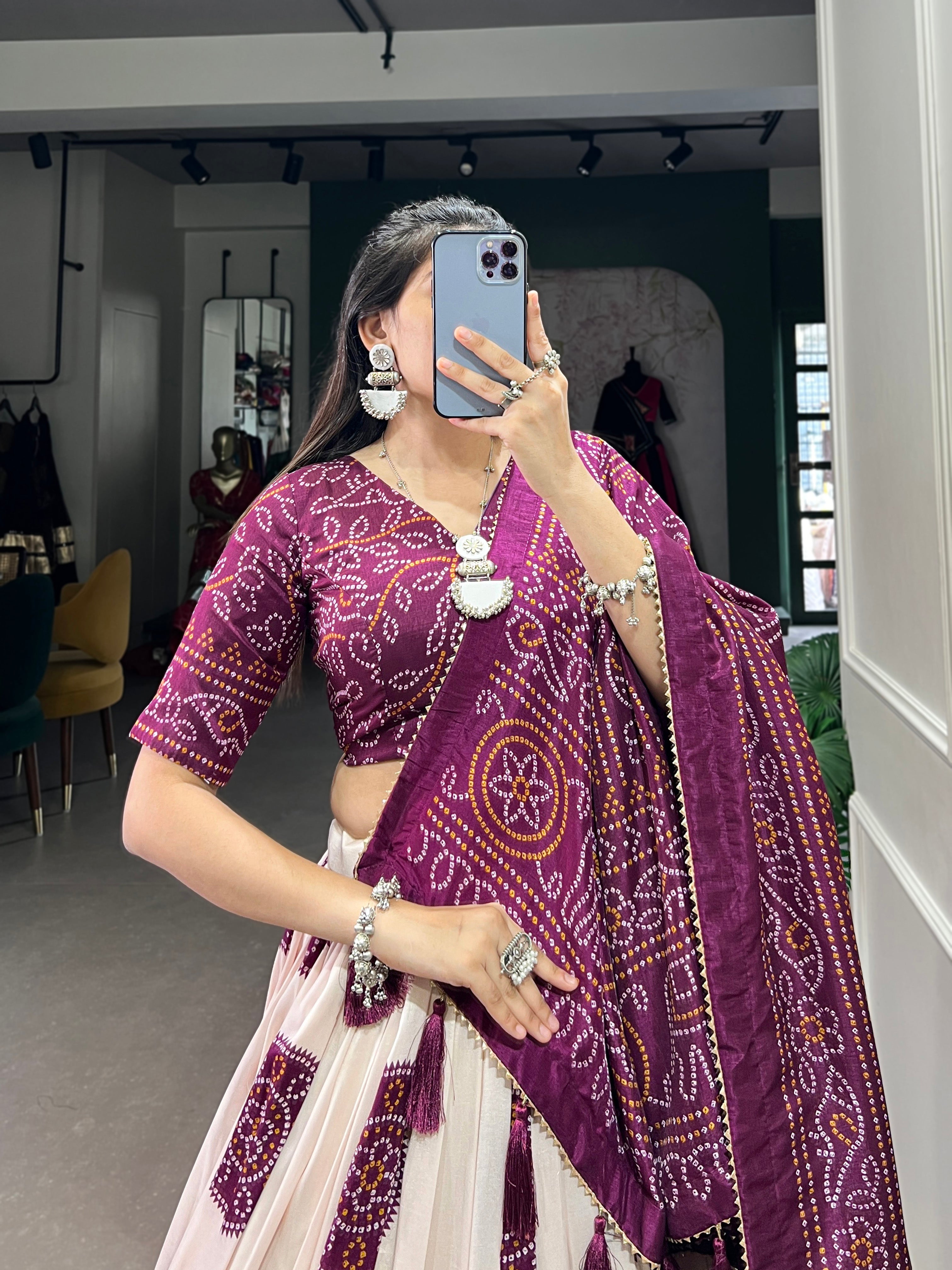 Lorenvalley Wine Artistry in Tussar Silk with Bandhej Print Lehenga Choli