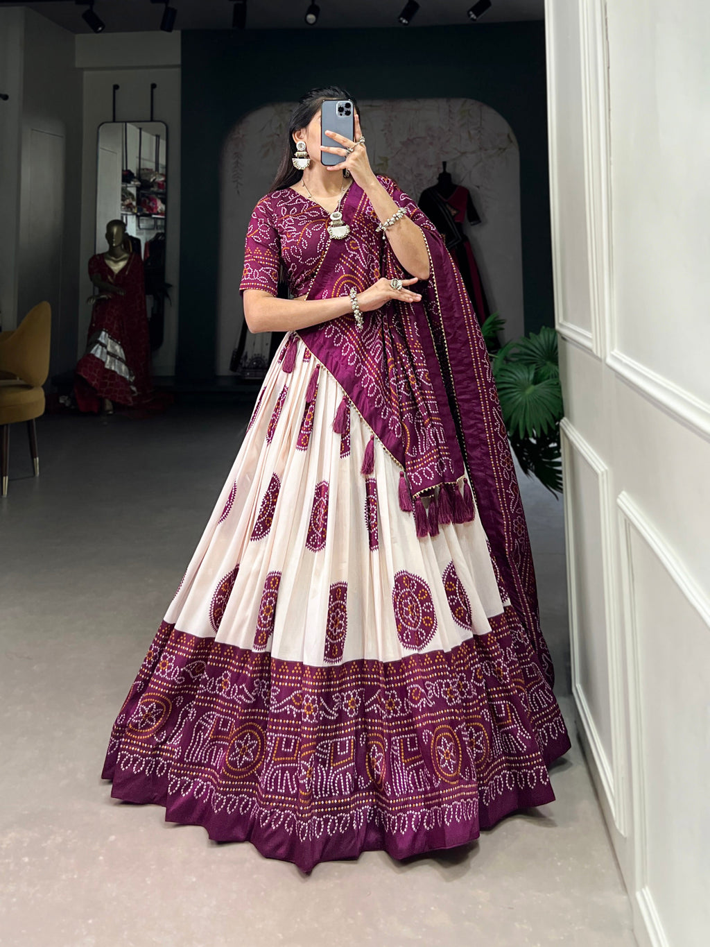 Lorenvalley Wine Artistry in Tussar Silk with Bandhej Print Lehenga Choli