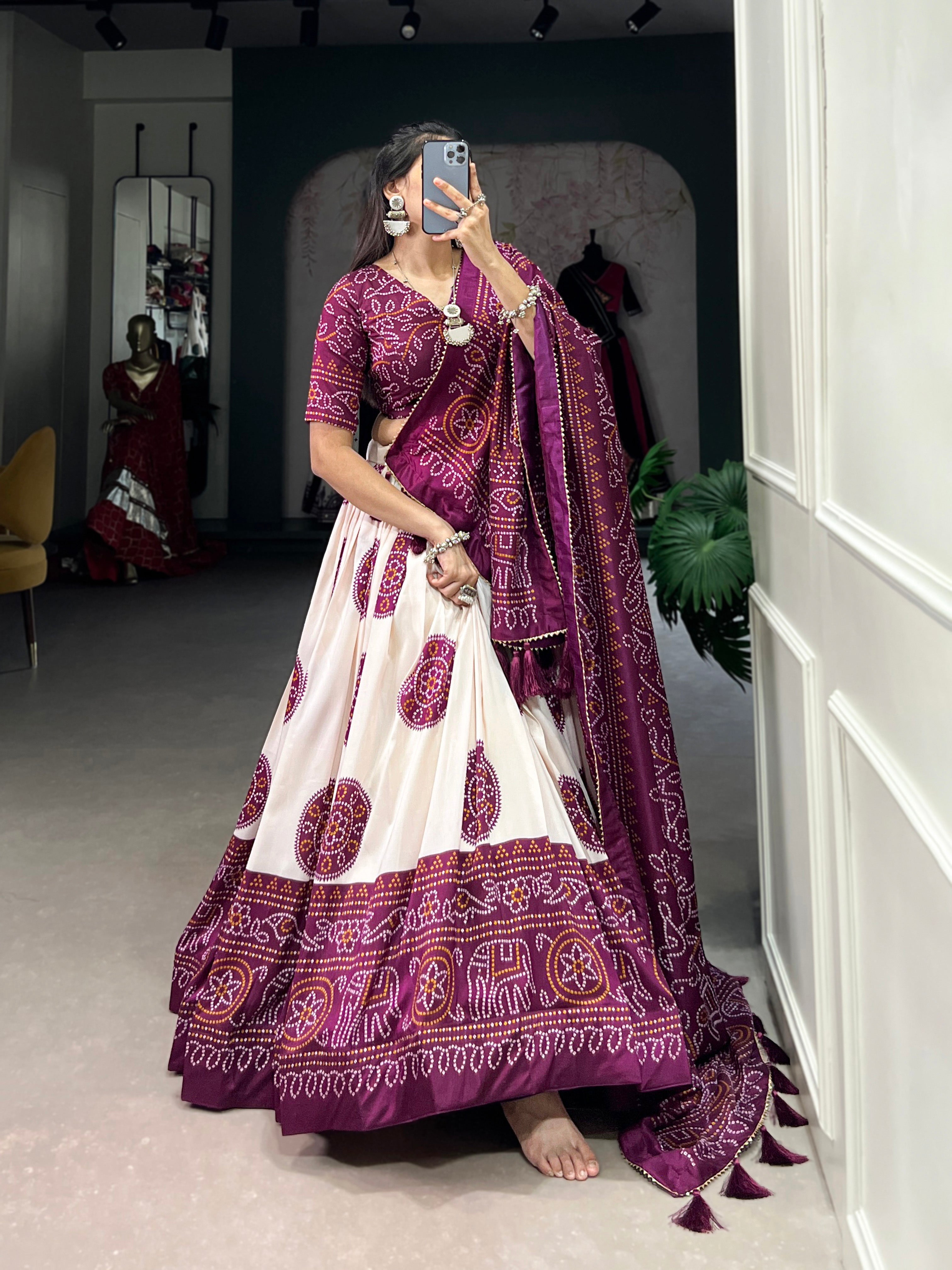 Lorenvalley Wine Artistry in Tussar Silk with Bandhej Print Lehenga Choli