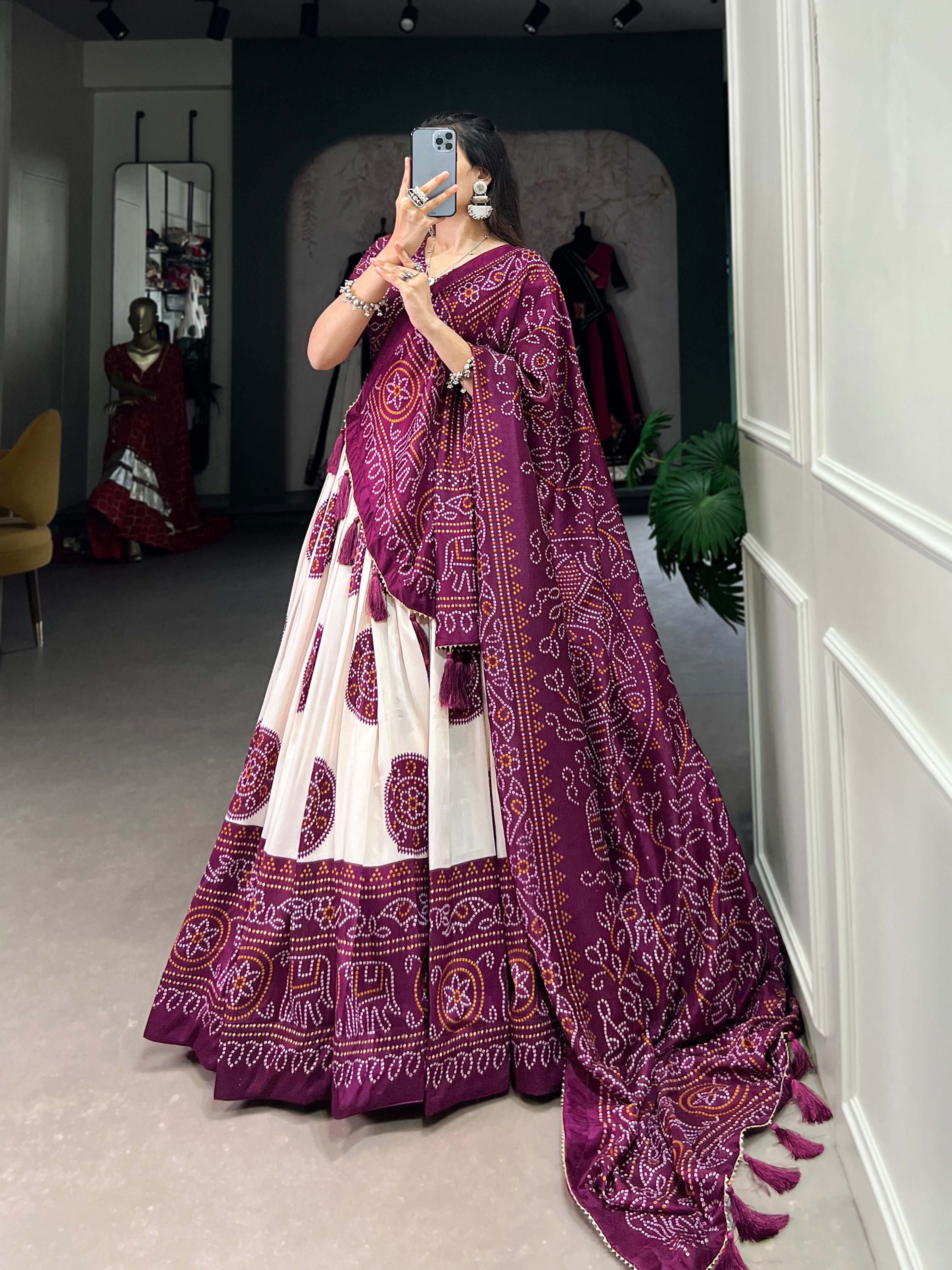 Lorenvalley Wine Artistry in Tussar Silk with Bandhej Print Lehenga Choli