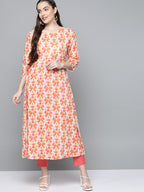 HERE&NOW Women Orange & White Ethnic Motifs Printed Kurta