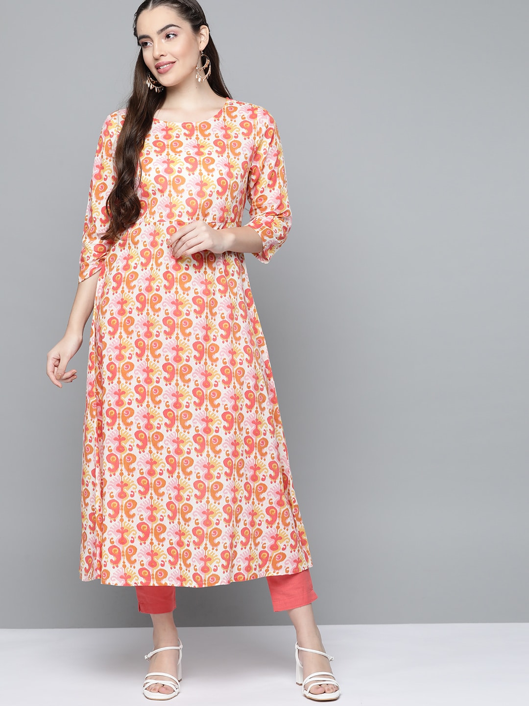 HERE&NOW Women Orange & White Ethnic Motifs Printed Kurta