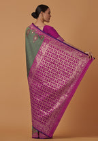 Monjolika Fashion Olive Banarasi Silk Blend SareeWith Zari Woven Rich Brocade Design - Distacart