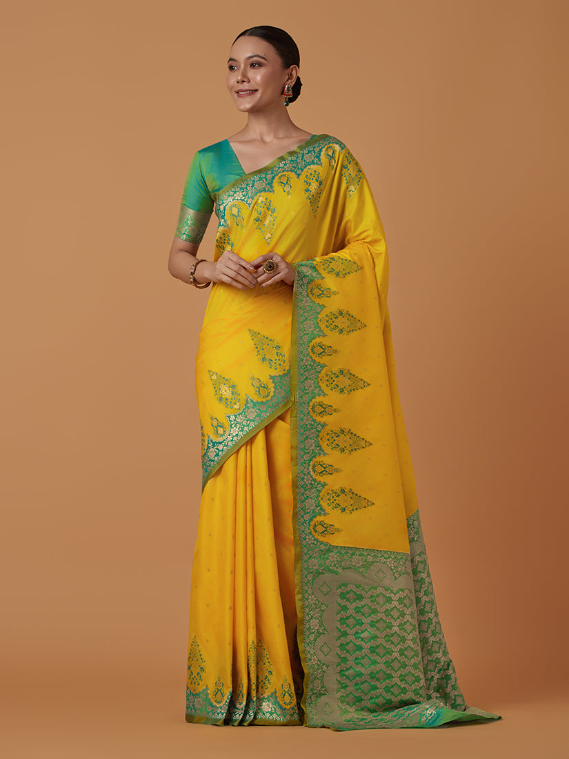 Monjolika Fashion Yellow Banarasi Silk Blend SareeWith Zari Woven Rich Brocade Design - Distacart