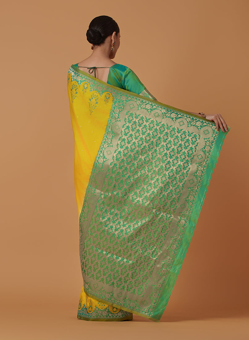 Monjolika Fashion Yellow Banarasi Silk Blend SareeWith Zari Woven Rich Brocade Design - Distacart