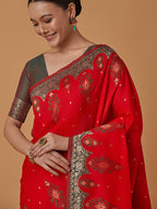Monjolika Fashion Red Banarasi Silk Blend SareeWith Zari Woven Rich Brocade Design - Distacart