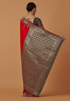 Monjolika Fashion Red Banarasi Silk Blend SareeWith Zari Woven Rich Brocade Design - Distacart