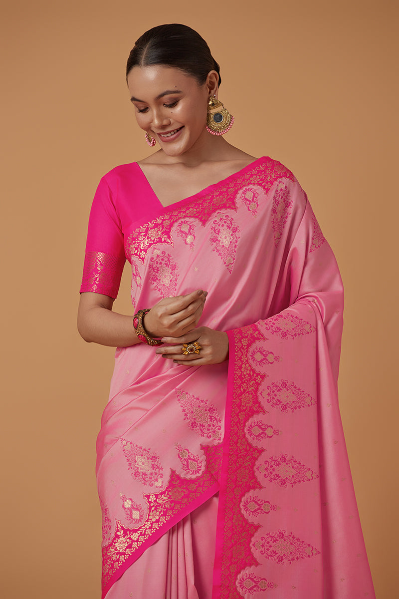 Monjolika Fashion Light Pink Banarasi Silk Blend SareeWith Zari Woven Rich Brocade Design - Distacart