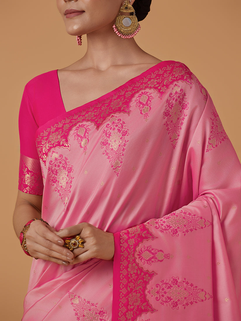 Monjolika Fashion Light Pink Banarasi Silk Blend SareeWith Zari Woven Rich Brocade Design - Distacart